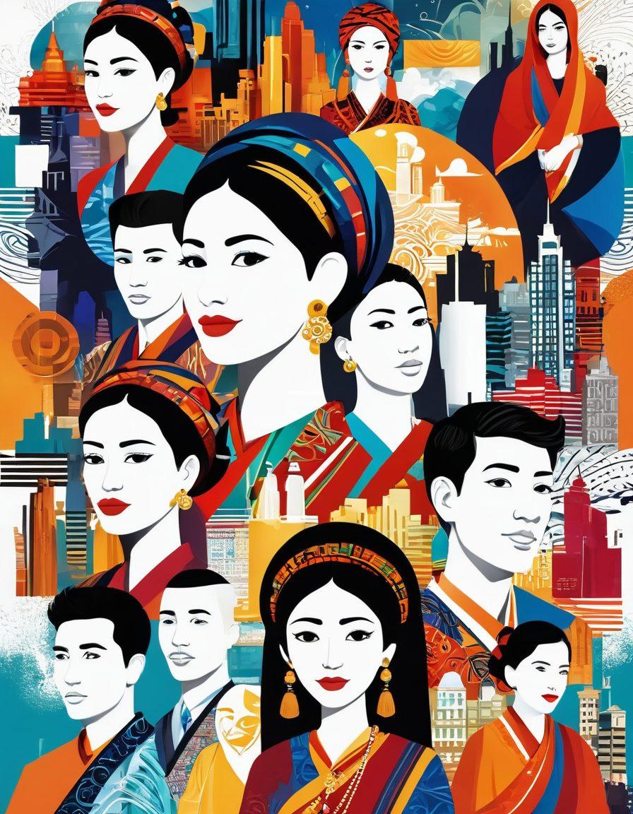 A vibrant collage showcasing diverse cultural symbols, including traditional attire, technology, and social media icons, intertwined with expressive faces representing various emotions. The background features an abstract cityscape, symbolizing the blend of modern and traditional cultures. Bright colors and dynamic patterns create a lively atmosphere. vector art. vibrant colors. white background.