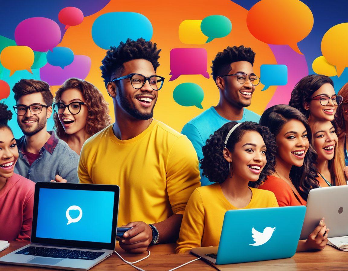 A dynamic illustration capturing a bustling online community, featuring diverse individuals engaging in various entertainment activities like blogging, streaming, and gaming, with colorful speech bubbles symbolizing lively conversations. The background showcases digital elements like social media icons and music notes to represent the vibrant landscape. Bright and engaging colors evoke a sense of excitement and connection. super-realistic. vibrant colors. 3D.